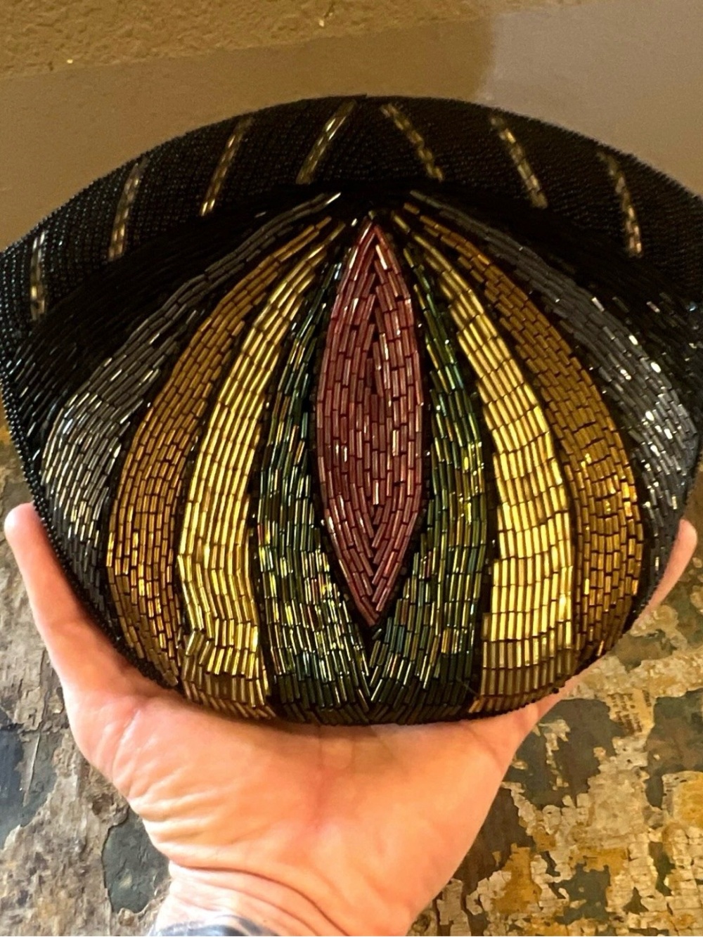 Vintage Beaded Floral Accent Clutch - Black, Gold & Burgundy